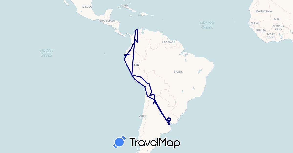 TravelMap itinerary: driving in Argentina, Bolivia, Chile, Colombia, Ecuador, Peru (South America)